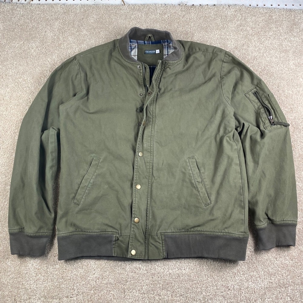 Earthbound Trading Co Mens Olive Green Flannel Lined Canvas Bomber Jacket Large